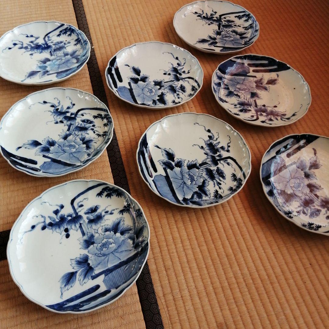 伊万里　染付輪花縁大皿　8枚　24cm　明治〜大正期
