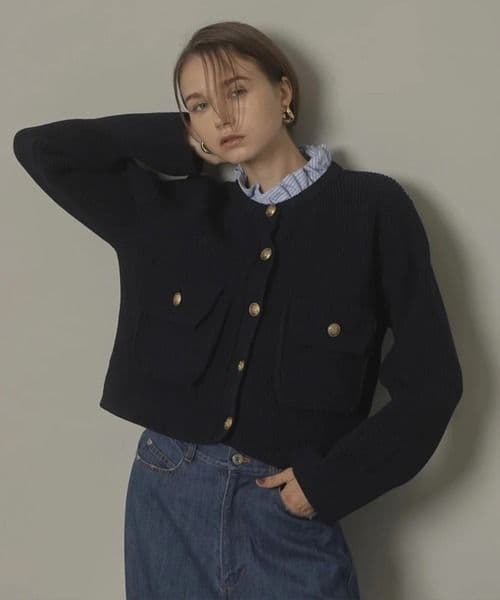 25AW・サイズ36　CADUNE　シャツ付き金釦カーデ　ネイビー　カーディガン