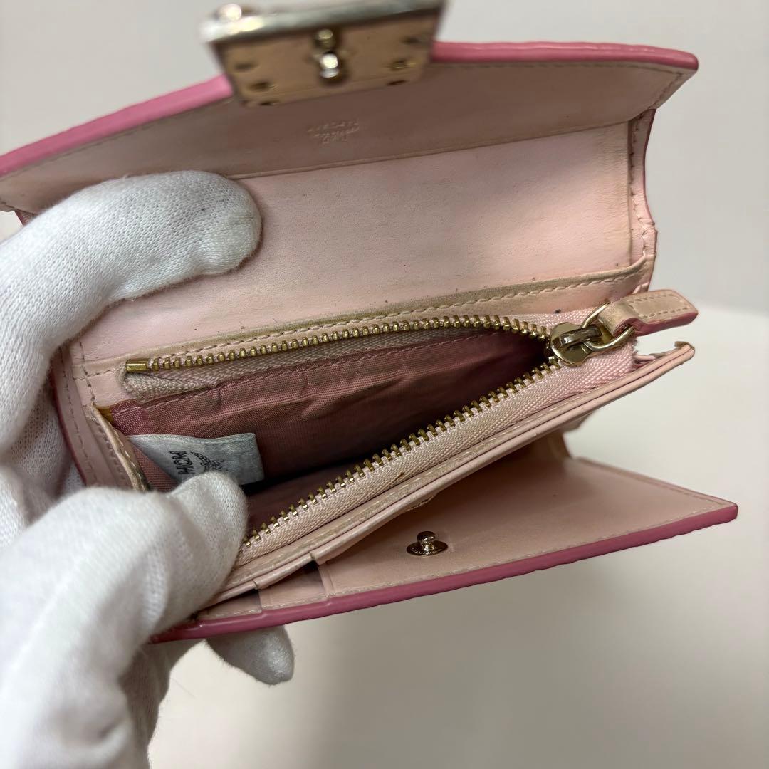 MCM 三つ折財布 ピンク ロゴ モノグラム コンパクト ミニ 金具