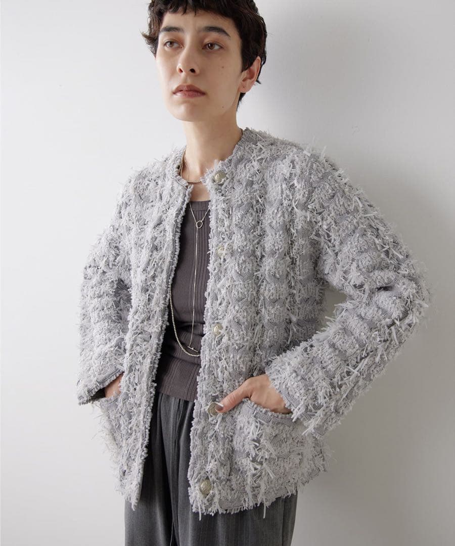 極美品 Whim Gazette 24AW ツィードカーディガン グレー