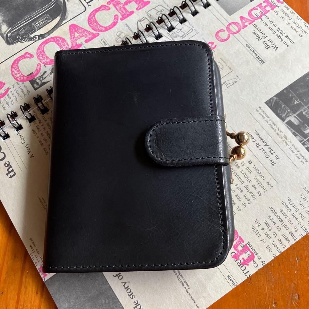 オールドコーチvintage コーチ　ブラックレザーがま口二つ折り財布