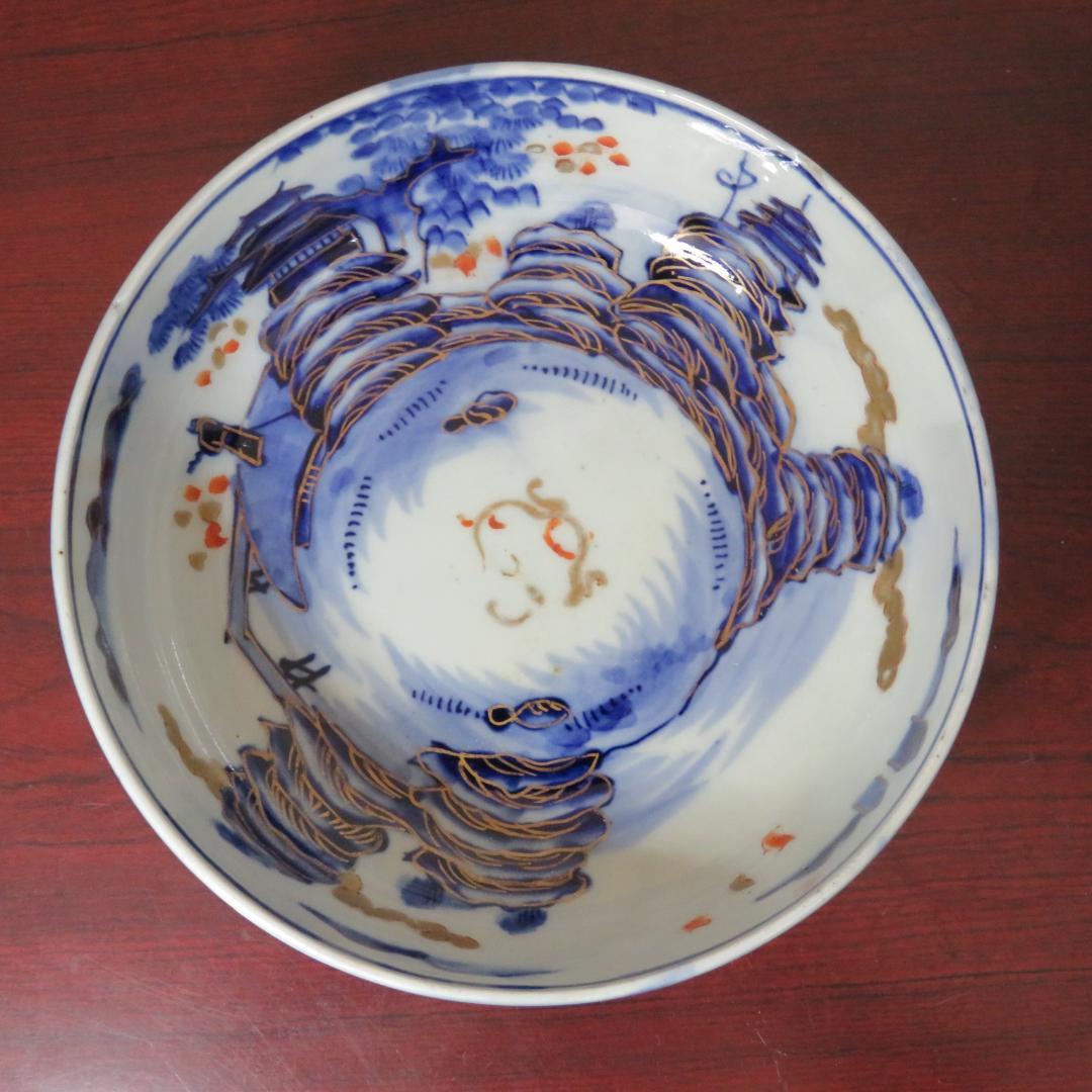 二つ丼 染付 金彩 二重高台 山水 鳳凰 明治 窯傷