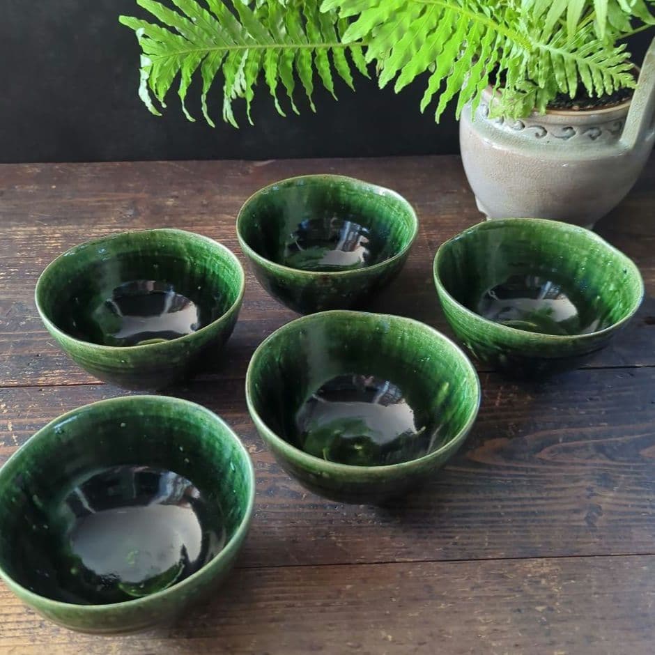 陶芸土物　作家もの　織部焼織部釉　マルチボウル　小鉢　茶碗　サラダボウル　５客