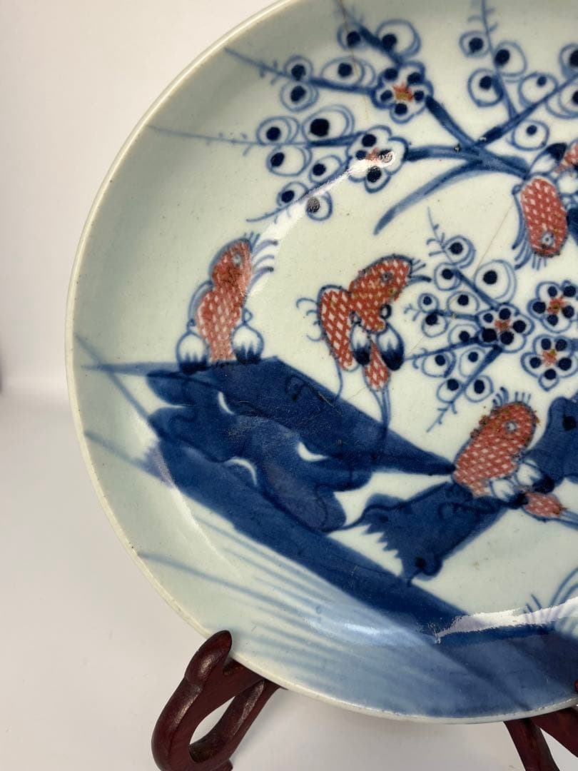 中国美術　明清時代　青花釉里紅花鳥図皿　染付　青花
