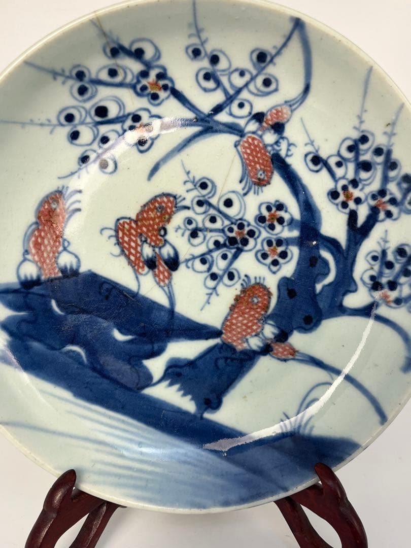 中国美術　明清時代　青花釉里紅花鳥図皿　染付　青花