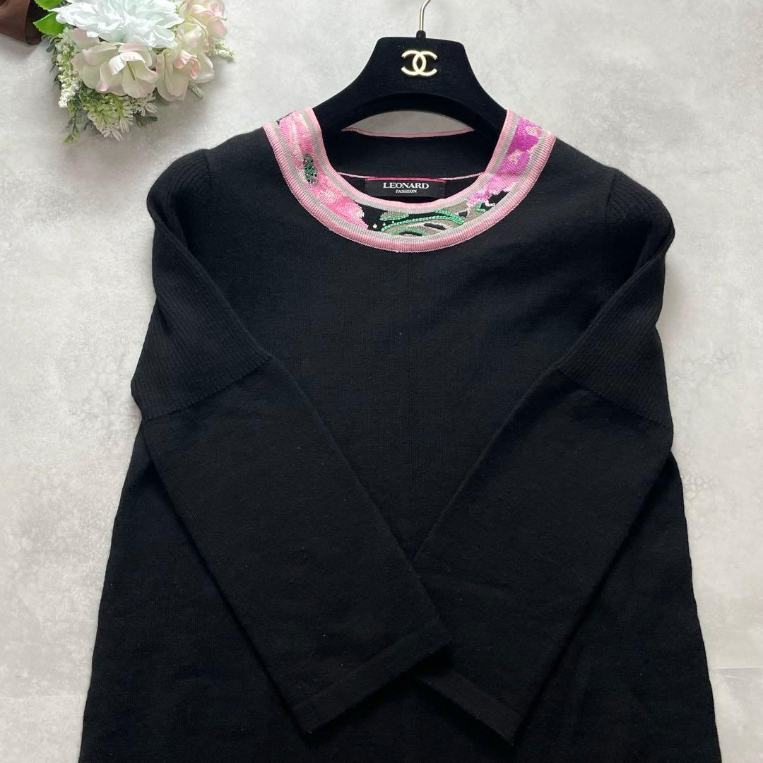 最高級✨レオナール ワンピース トリム柄 花 ウール シルク 黒 ピンク M
