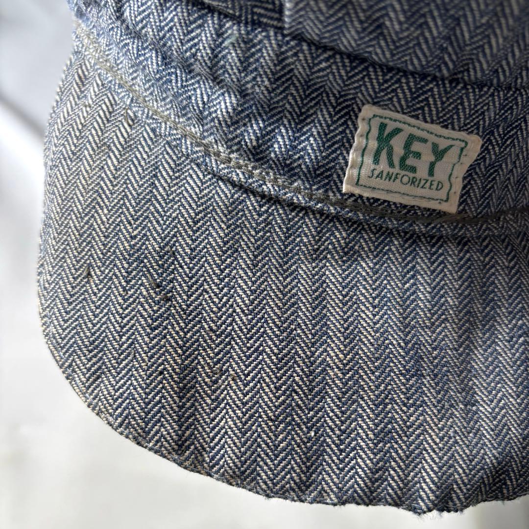 50'sビンテージ KEY ワークキャップUSA製ヒッコリーヘリンボーン帽子古着