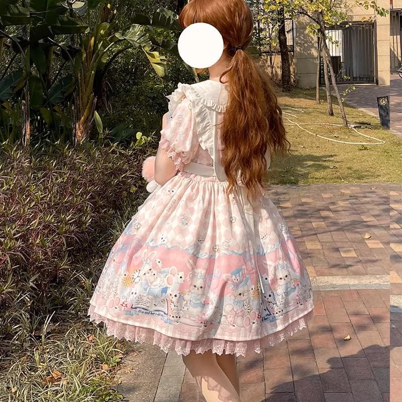 No.2874_海外ロリィタ_未使用ピンクエプロン付き半袖ワンピース3点セット
