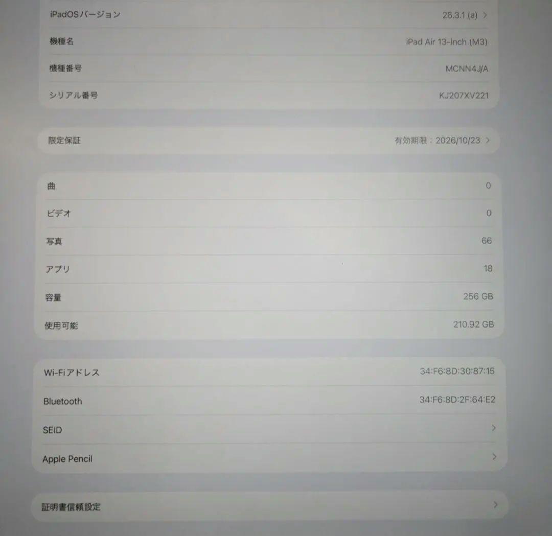 13インチ iPad Air M3 256GB Apple Pencil(c)