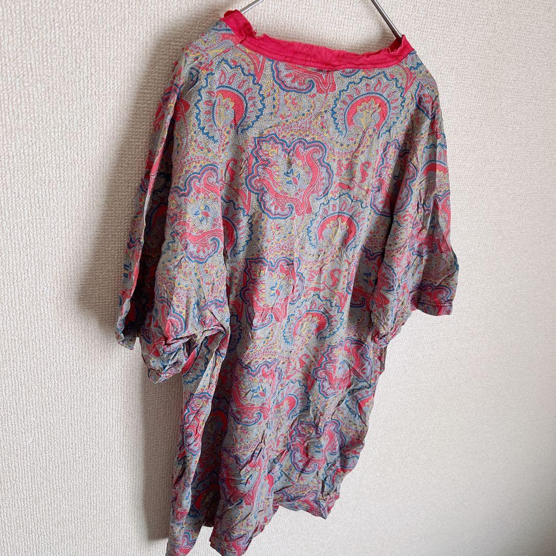 フランス製 70s風 ペイズリー総柄Tシャツ サイケデリック コットン Mサイズ