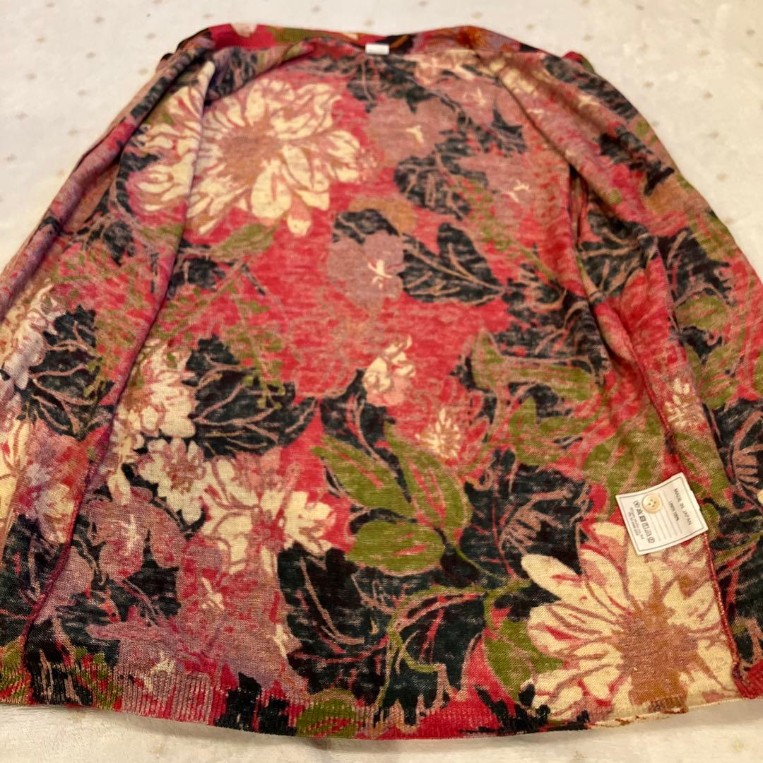 【美品】45R リネン100 花柄総柄長袖カーディガン