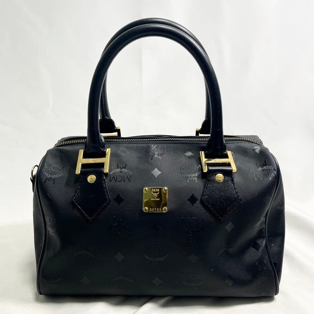 MCM ボストンバッグ ヴィセトス 大容量 ブラック プレート 金具 多機能 黒