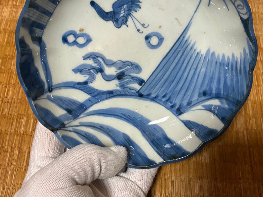 古伊万里 染付 風景 鶴図 波型 中皿 五枚揃い 時代物