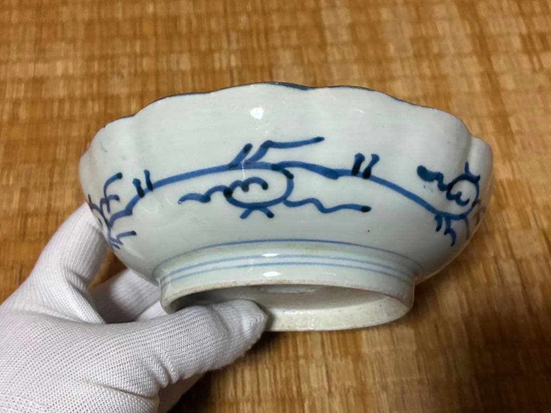 古伊万里 染付 風景 鶴図 波型 中皿 五枚揃い 時代物