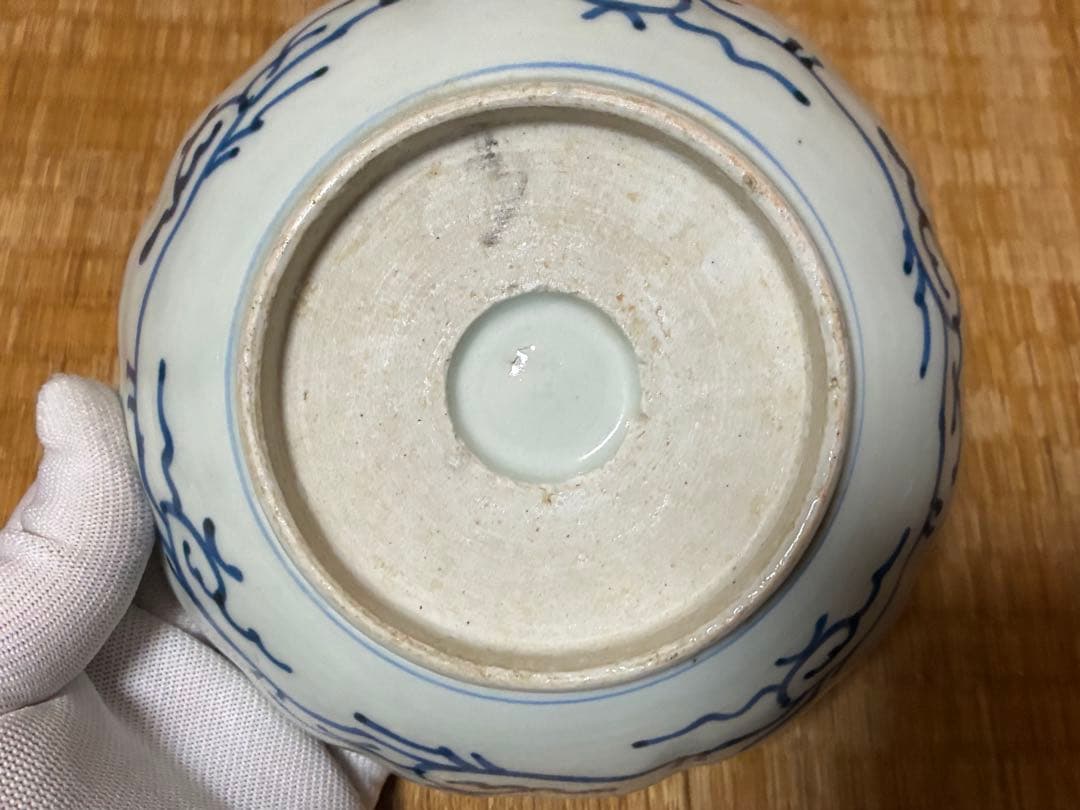 古伊万里 染付 風景 鶴図 波型 中皿 五枚揃い 時代物
