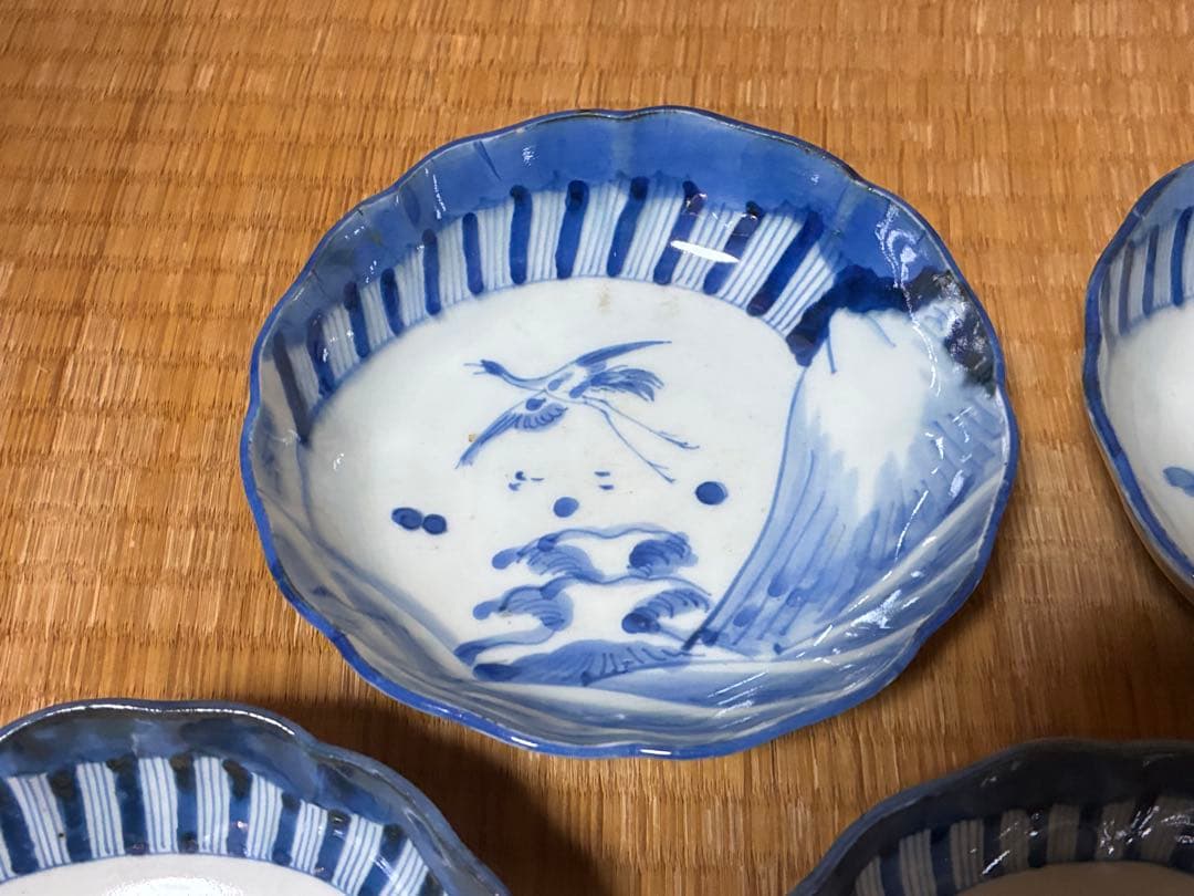 古伊万里 染付 風景 鶴図 波型 中皿 五枚揃い 時代物