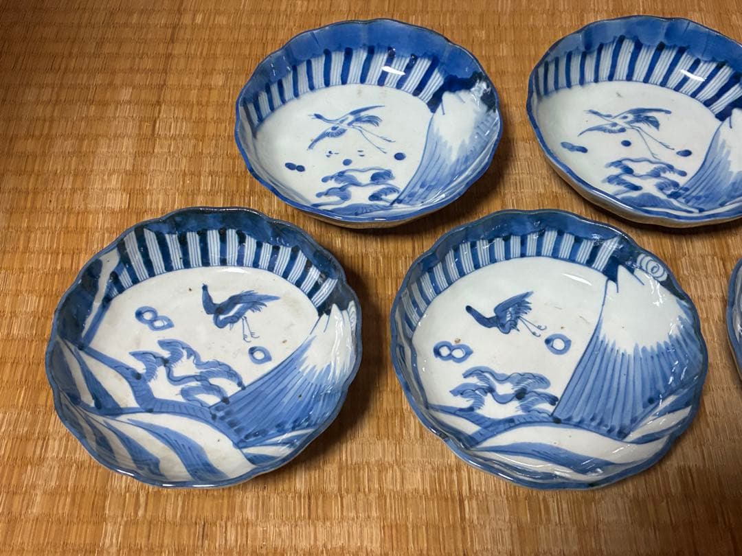 古伊万里 染付 風景 鶴図 波型 中皿 五枚揃い 時代物