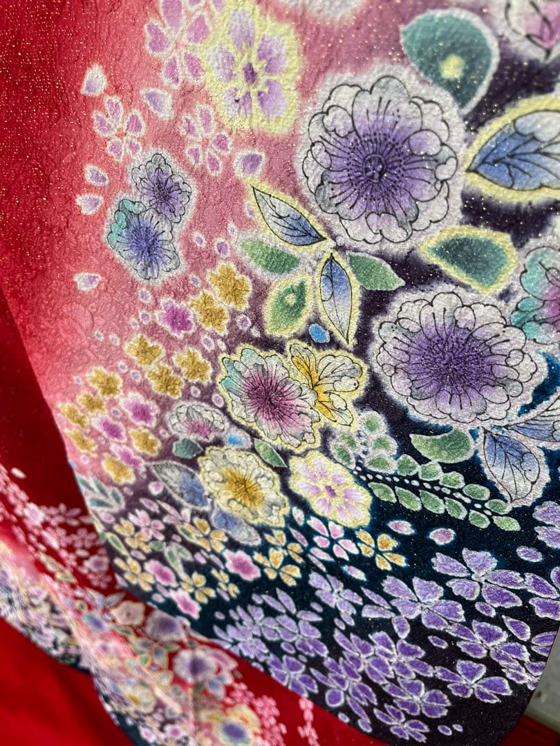 美品★中古　振袖　仕立て上がり　赤　辻ヶ花　B25