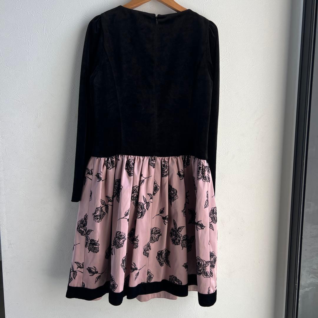 M'S GRACY ベロア切替ひざ丈ワンピース　黒　36　花柄　ピンク　日本製