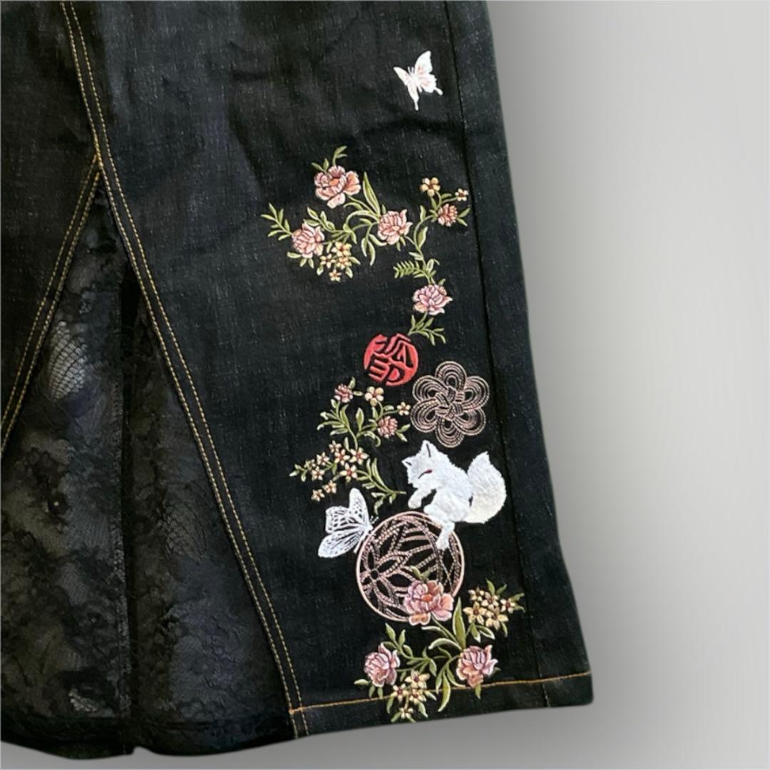 新品特価★今昔こんじゃくデニムスカートALL刺繍レース付S1