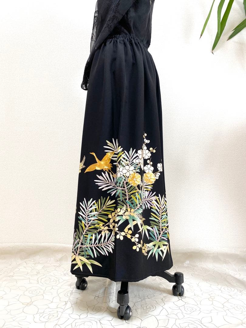 大人可愛いセレブ着物スカートフリーサイズ黒留袖着物リメイクロングスカート6251
