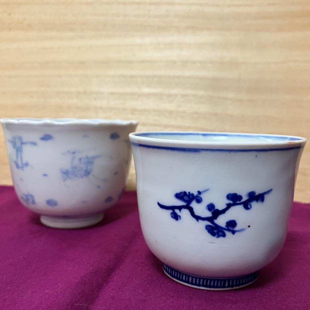 江戸明治大正時代物アンティーク染付け印判◆古伊万里 蕎麦猪口/湯呑み◆９個セット