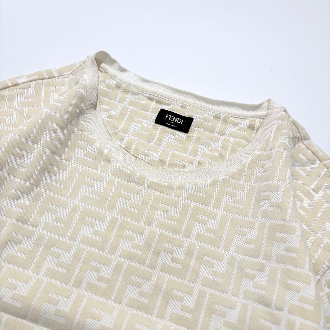 【美品】FENDI Tシャツ ズッカ 総柄 コットンピケ アイボリー XL