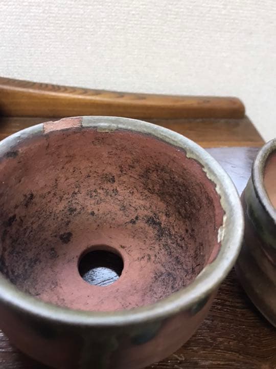 盆栽鉢　時代ミニ盆栽鉢桃花泥織部釉がけ2点