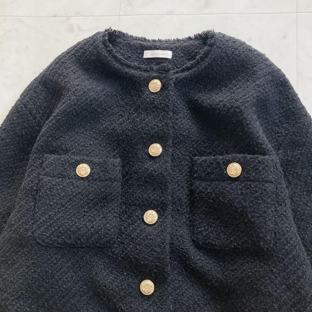 美品　ラウンジドレス　ノーカラー　ツイードジャケット　ブラック
