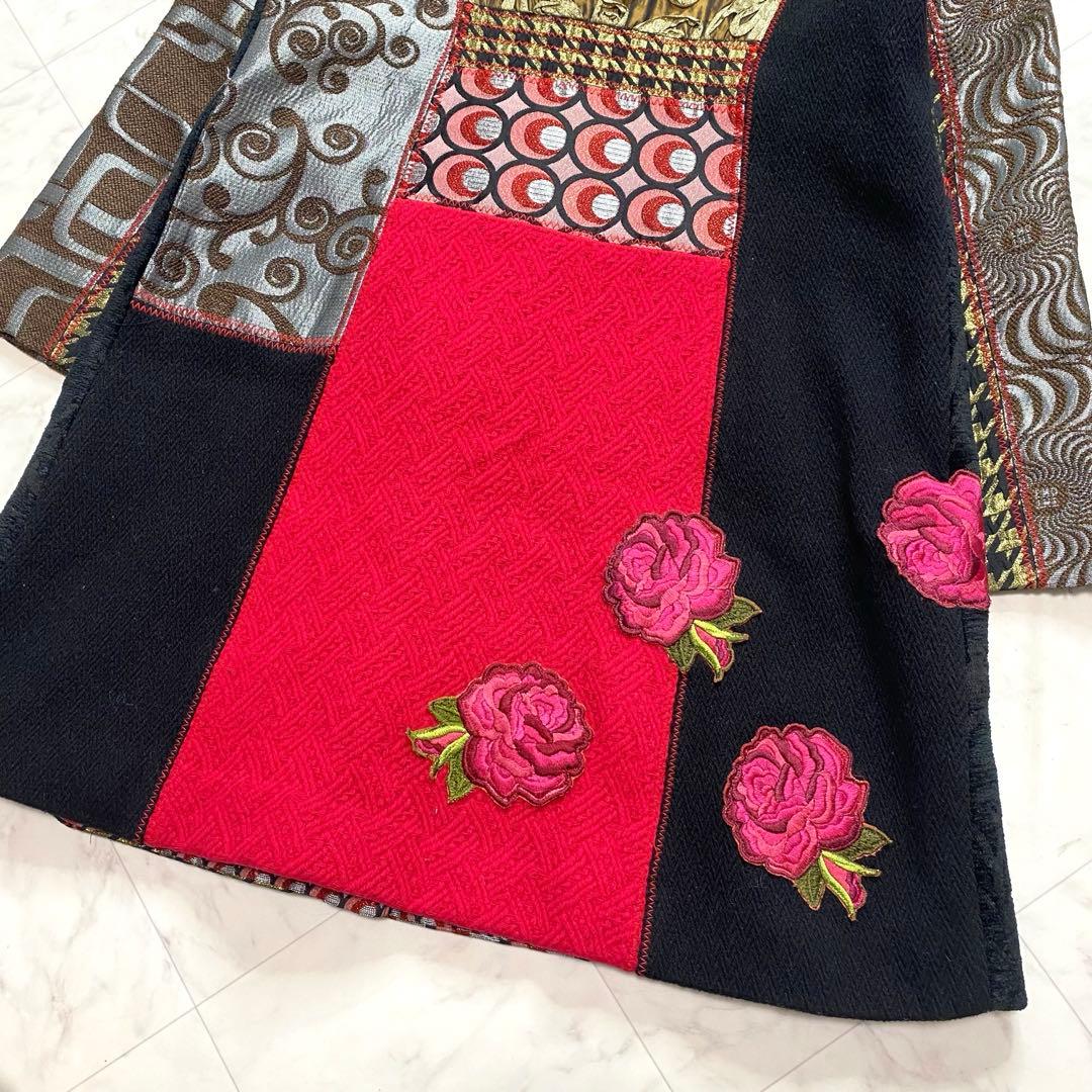美品✨Desigual ジャガード　切り替え　総柄　薔薇　コート　3XL 派手