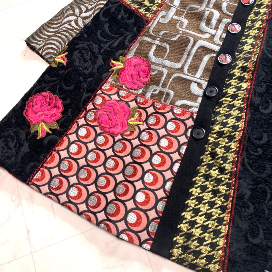美品✨Desigual ジャガード　切り替え　総柄　薔薇　コート　3XL 派手