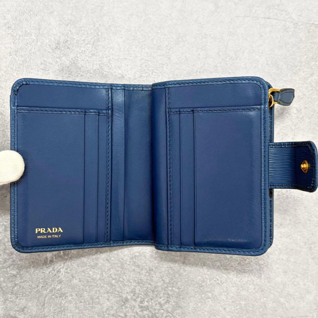 極美品/RFID プラダ 折り財布 ヴィッテロムーブ レザー 三角ロゴ ブルー