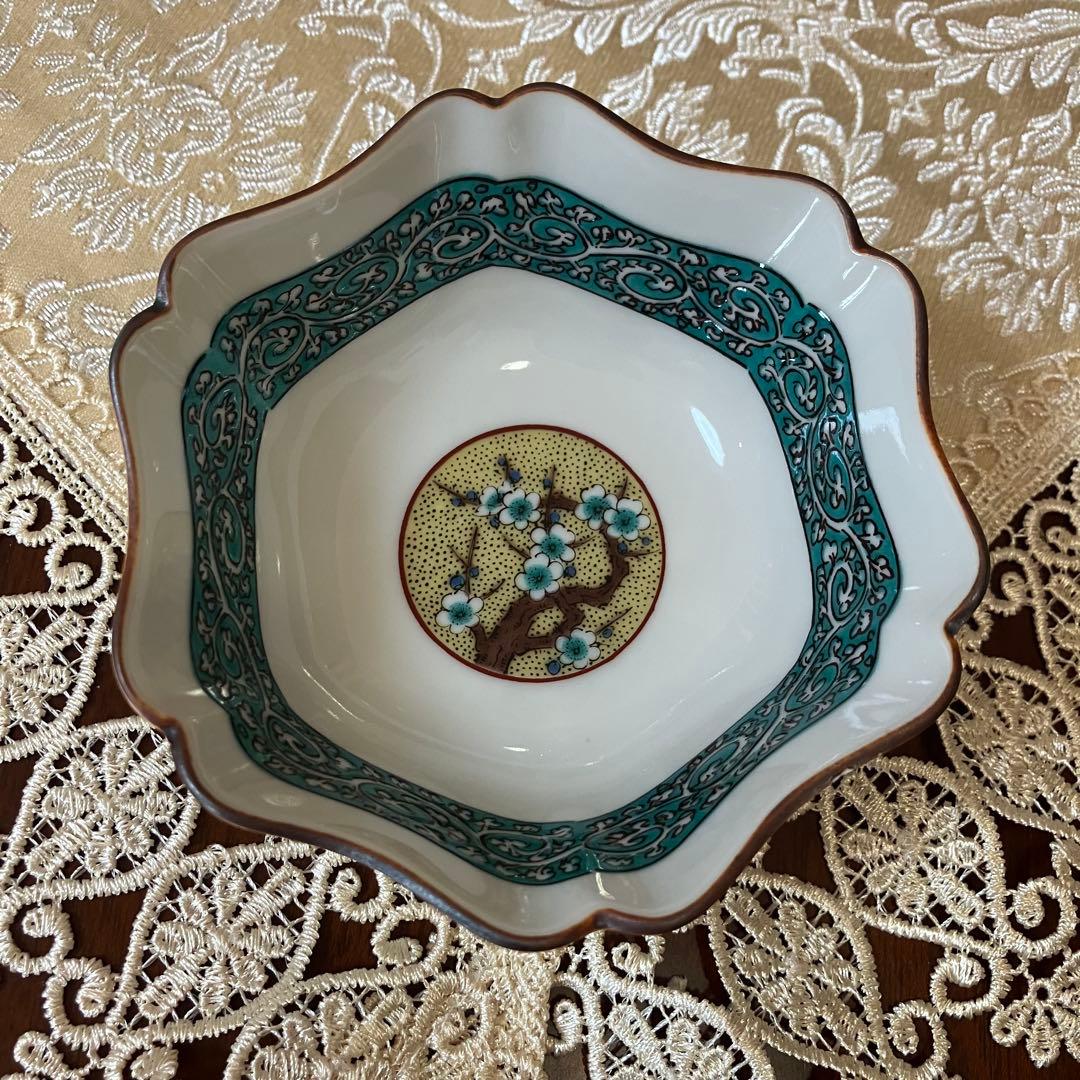 美品 九谷焼 仙峰窯 小鉢揃 5枚セット 輪花鉢 六角鉢 吉田屋 蛸唐草 和食器