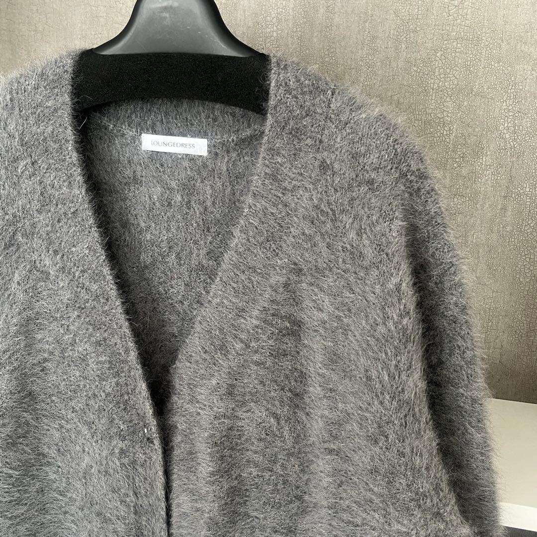 ラウンジドレス　ファーカシミヤニットカーディガン　グレー　長袖　Vネック　上質