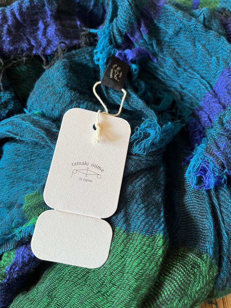 USED タマキニイメルーツショールshawl Big綿100% 緑/ターコイズ