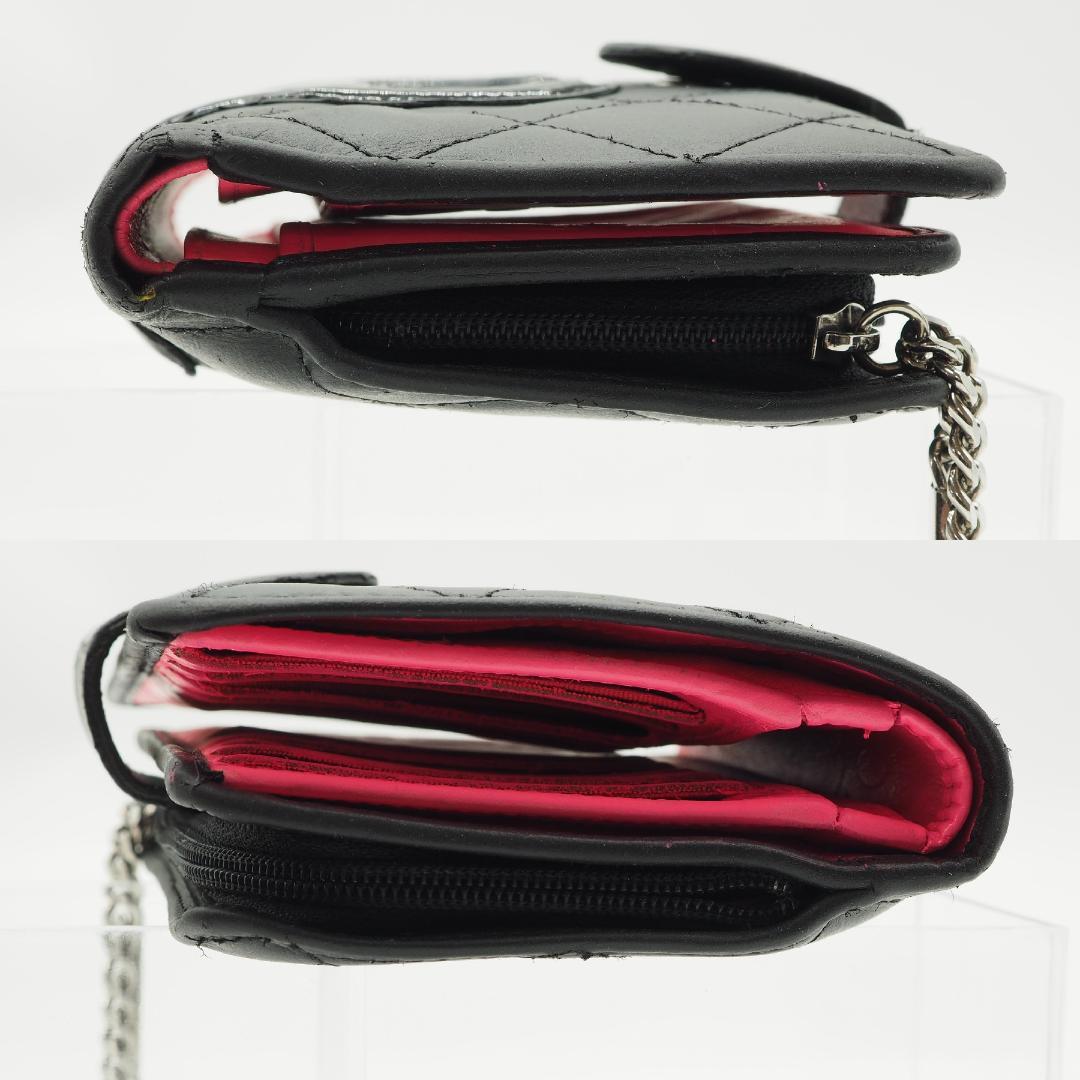 CHANEL シャネル カンボンライン ミドル 2つ折り財布 黒×ピンク