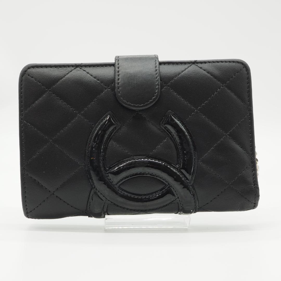 CHANEL シャネル カンボンライン ミドル 2つ折り財布 黒×ピンク
