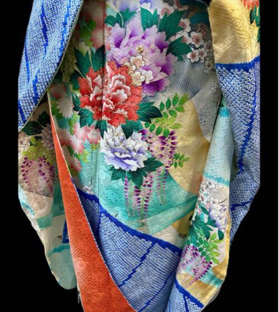 刺繍　絞り　金彩　振袖 水色　多色 　菊　牡丹　藤　四季の花々　花柄