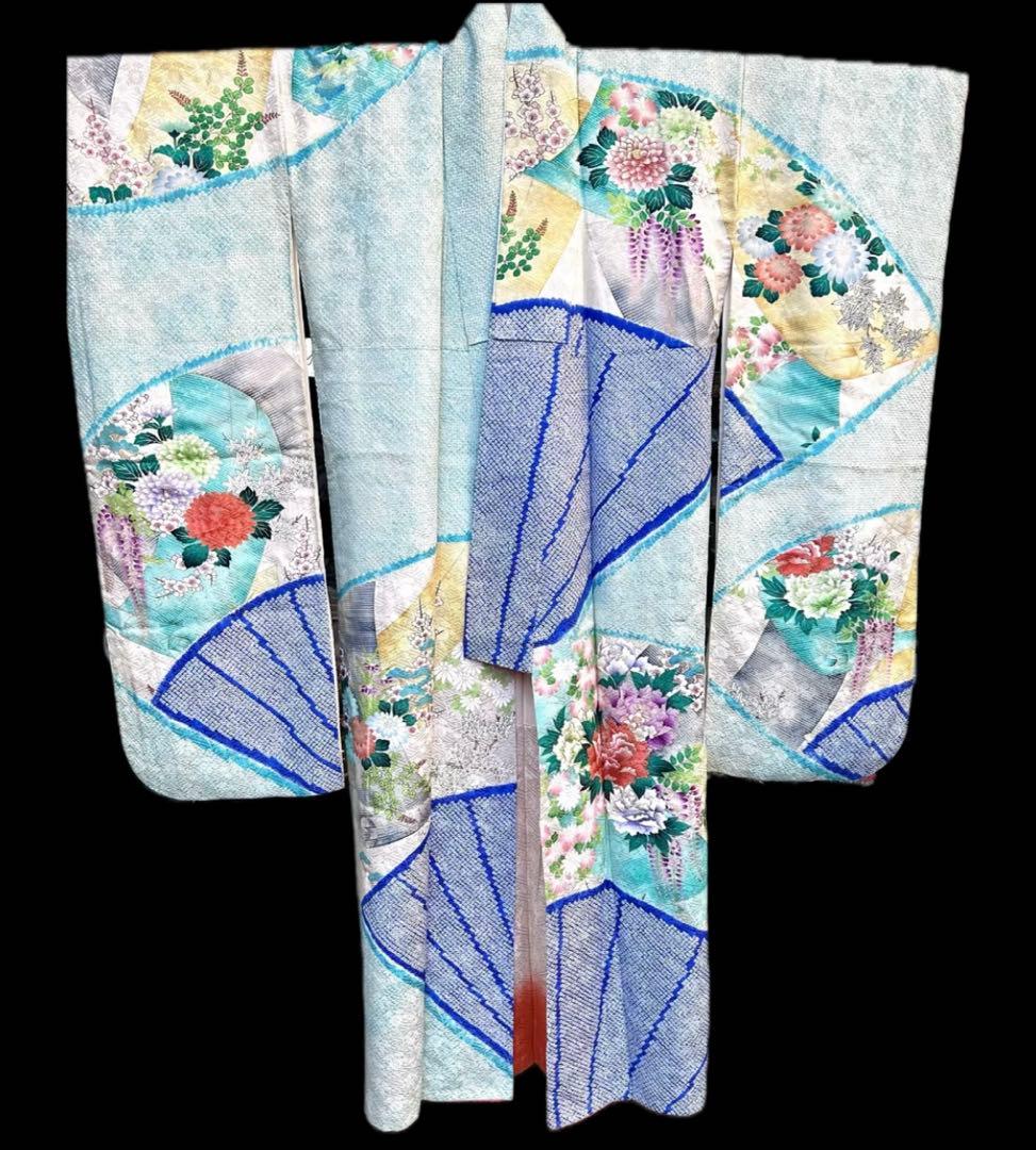 刺繍　絞り　金彩　振袖 水色　多色 　菊　牡丹　藤　四季の花々　花柄