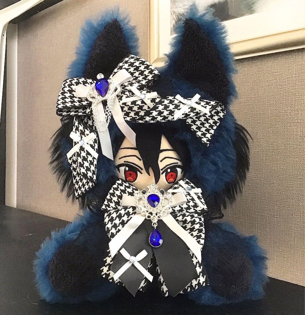 【121】狼　ウルフ　藍色　千鳥格子　おすわり　ぬい服　16cm 着ぐるみ