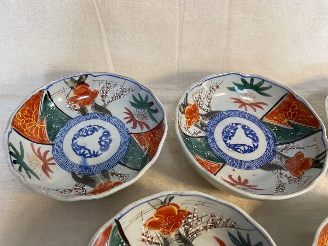 古伊万里　伊万里　色絵　金襴手　明治　なます皿　梅の図　松竹梅　輪華皿　５客