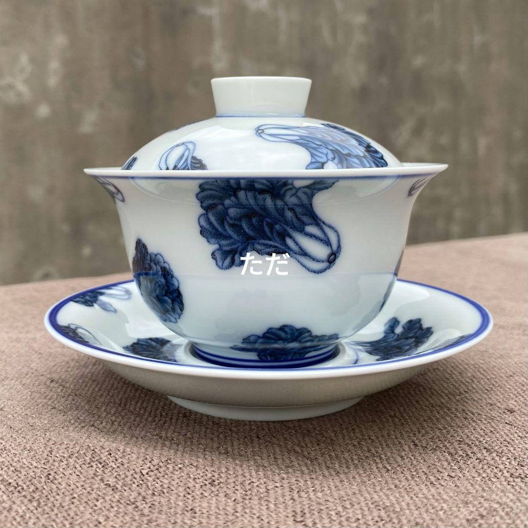 青花百財三才蓋碗 中国茶器 景徳镇 蓋付き茶器 飲茶食器 煎茶具 未使用品
