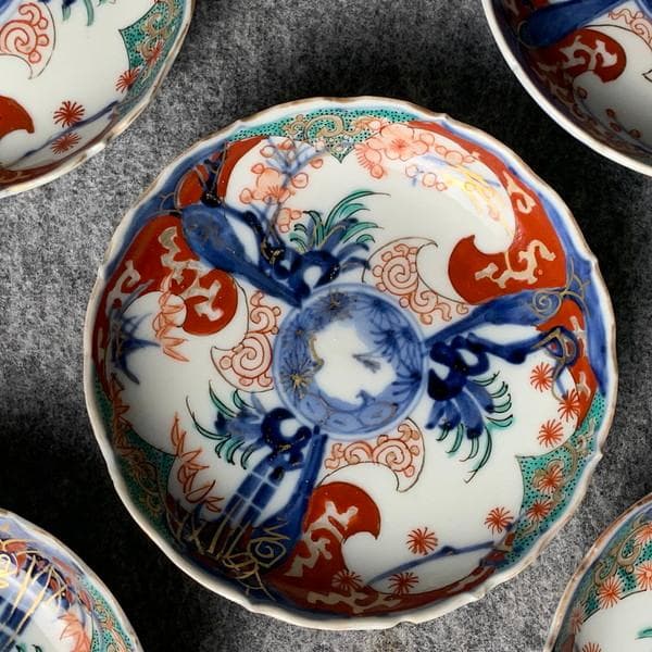 古伊万里冨貴長春金彩染錦輪花縁小皿5枚[B34328]