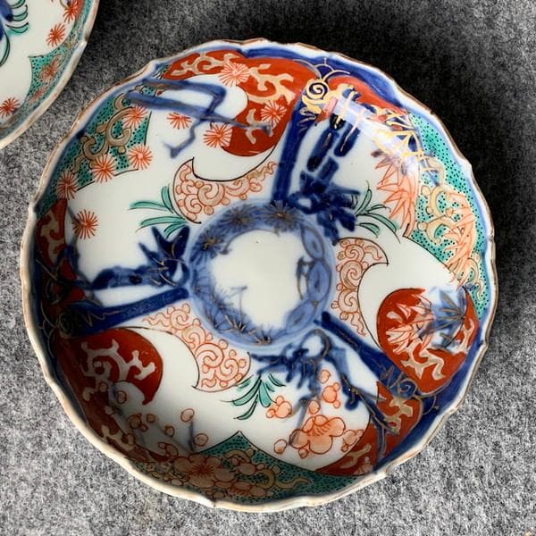 古伊万里冨貴長春金彩染錦輪花縁小皿5枚[B34328]
