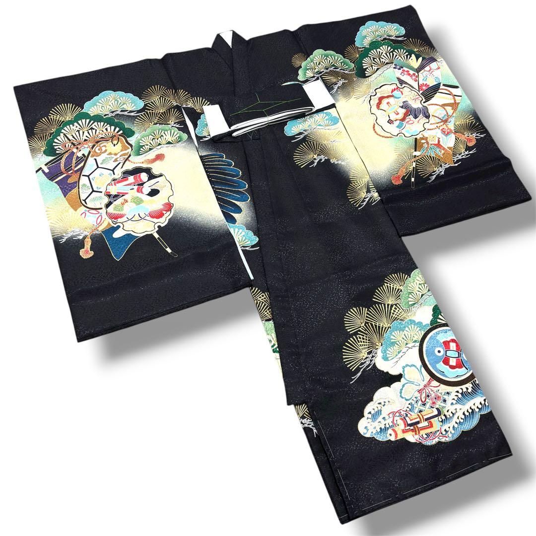 【新品/日本製】お宮参り 産着 男の子 合繊 洗える着物 金刺繍入 金彩 黒