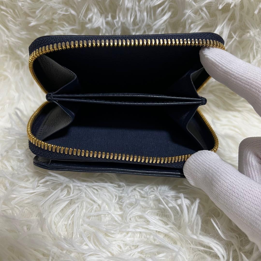 agnes b. ネイビー 二つ折り財布　レザー　ラウンドジップ