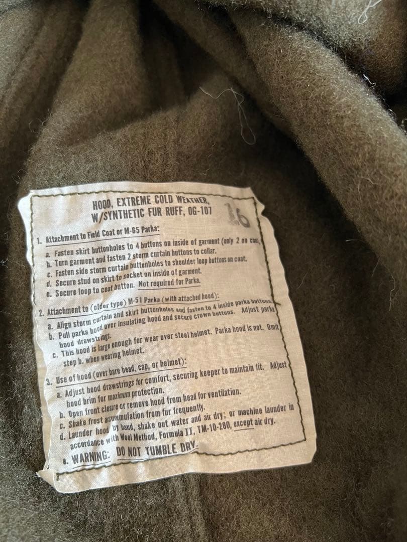 M65 フードのみ　米軍　デッドストック　76年製