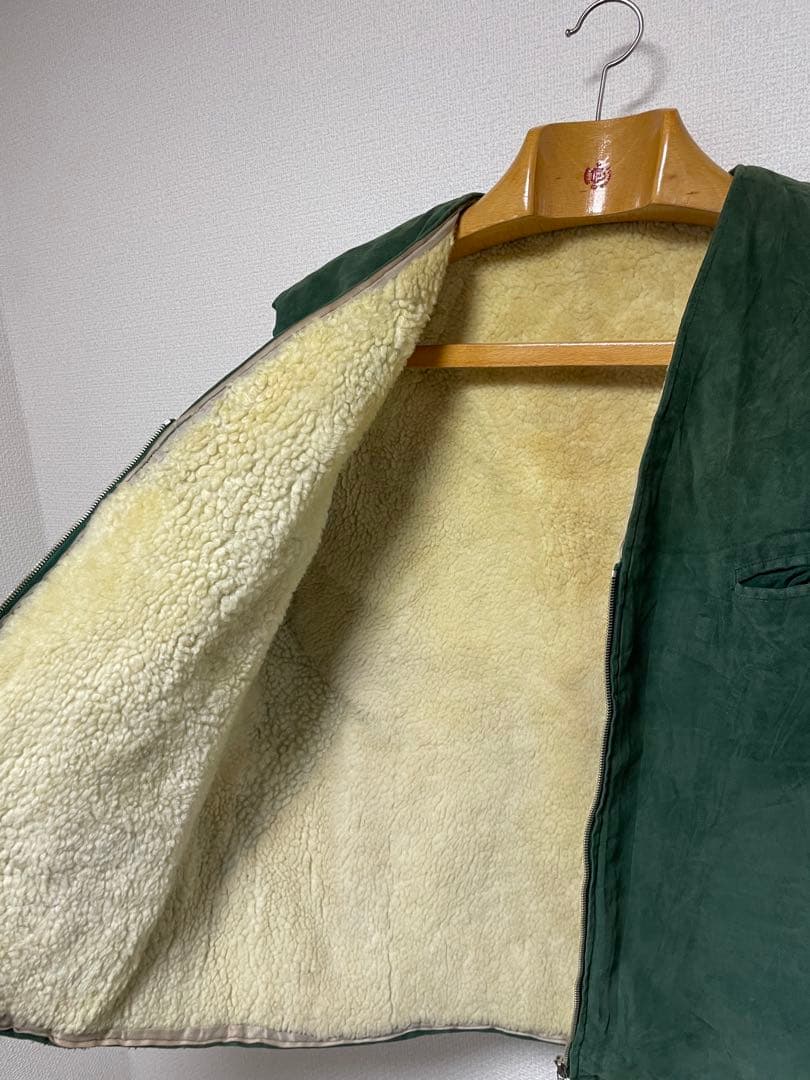 60s Euro vintage レザー ムートン ベスト グリーンカラー
