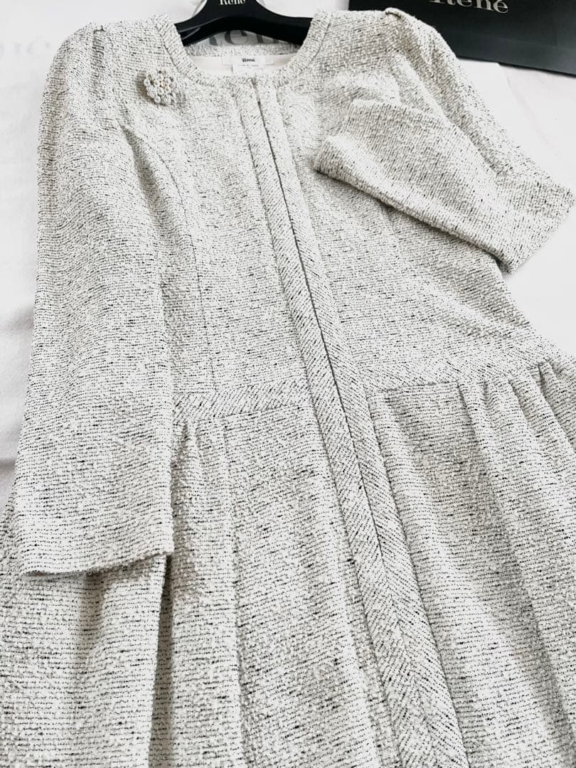 美品♡Reneルネ♡ニットツイードワンピース アイボリー系 38 卒業式 入学式