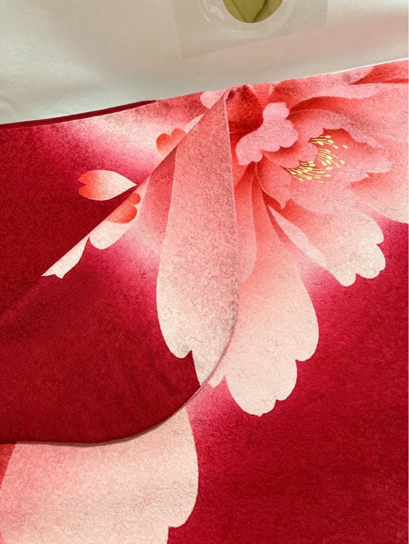 正絹 振袖 フルセット L～LL 全て揃ってます! 花 赤黒 金彩加工 成人式